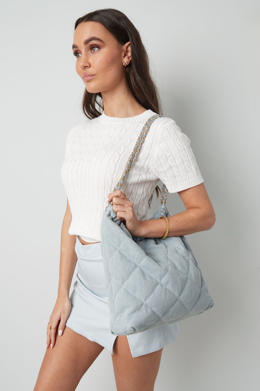 Denim bag with stitched motif and chain - dark blue Picture7